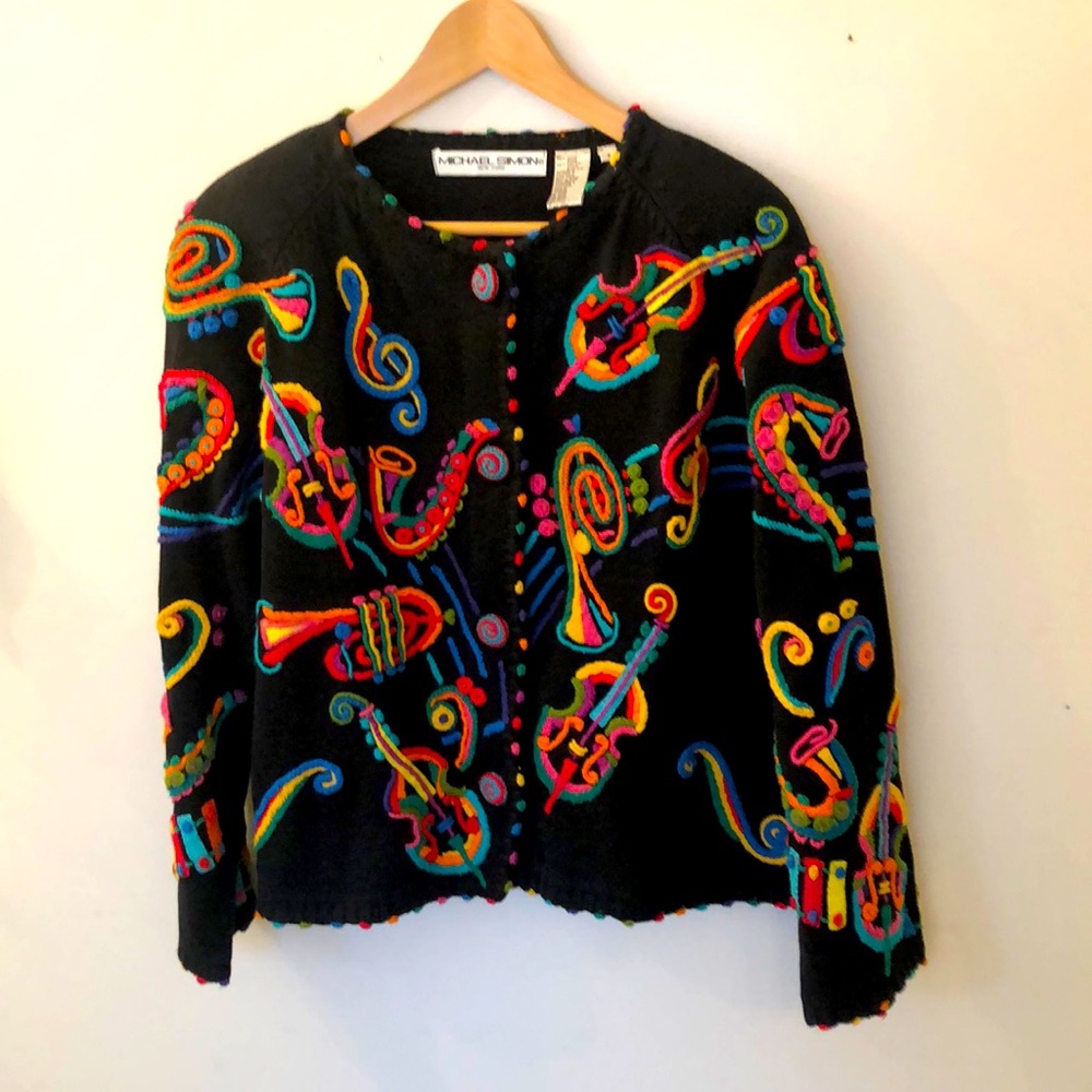 Michael Simon Black Sweater Cardigan with Multicolor Embroidered Musical Motifs
